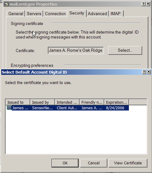 Select the signing certificate for your account